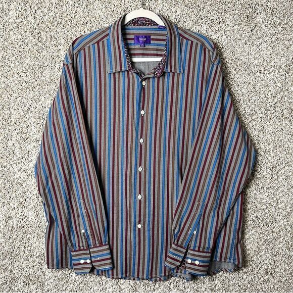 Tallia Shirt Men’s XXL Blue, Red & Brown Striped Long Sleeve Button Down Dress - Picture 1 of 4